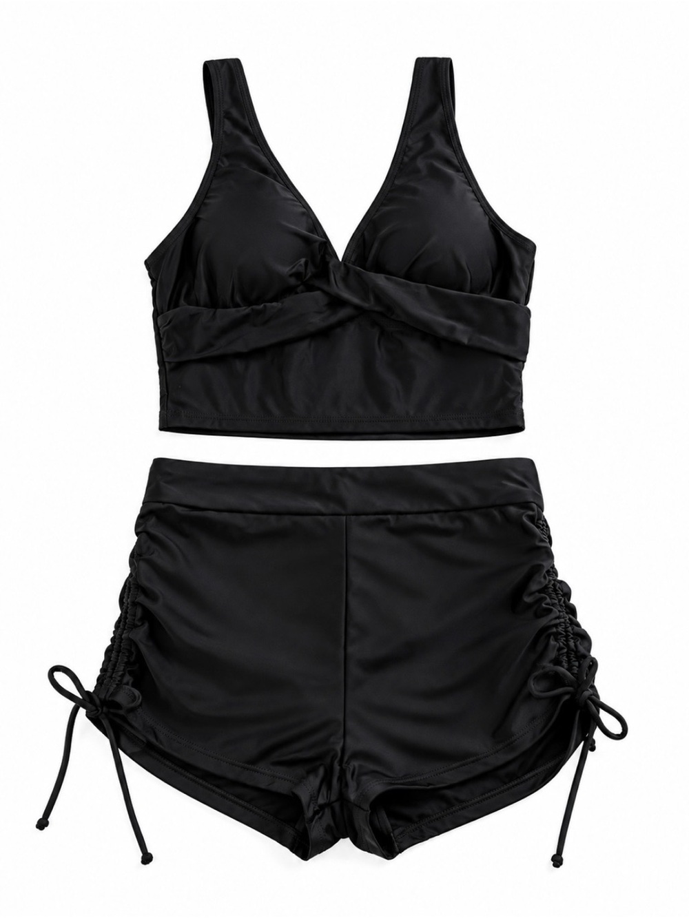 NWT-Kaperf-Two Piece Sporty Black Swimsuit-V-Neck Bikini Top, Ruched Boy Shorts